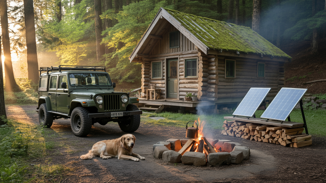 Emergency supply kit laid out on a wooden table, including a radio, water filter, and flashlight, reflecting practical prepping essentials.