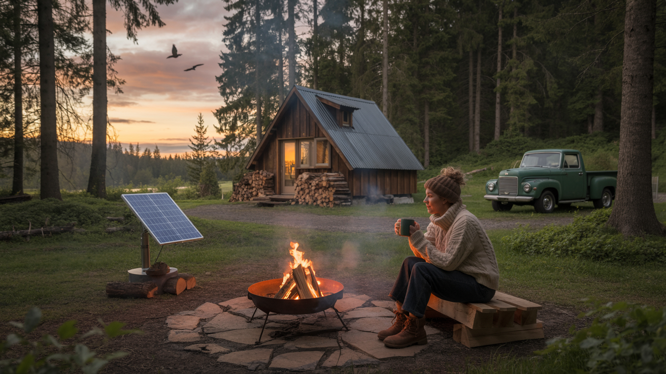 Rustic off-grid cabin surrounded by pine trees, with solar panels and a small garden, representing self-sufficient off-grid living.