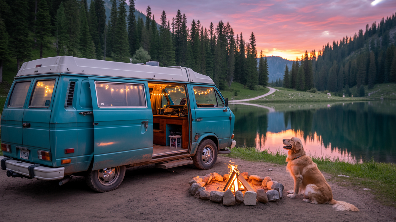 Converted camper van parked in a remote desert landscape under a starry sky, symbolizing freedom and minimalist van life travel.