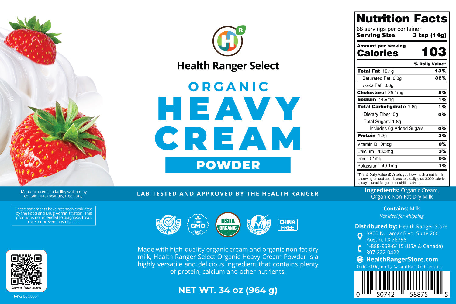 Organic Heavy Cream Powder (34oz, #10 Can) (2-Pack)