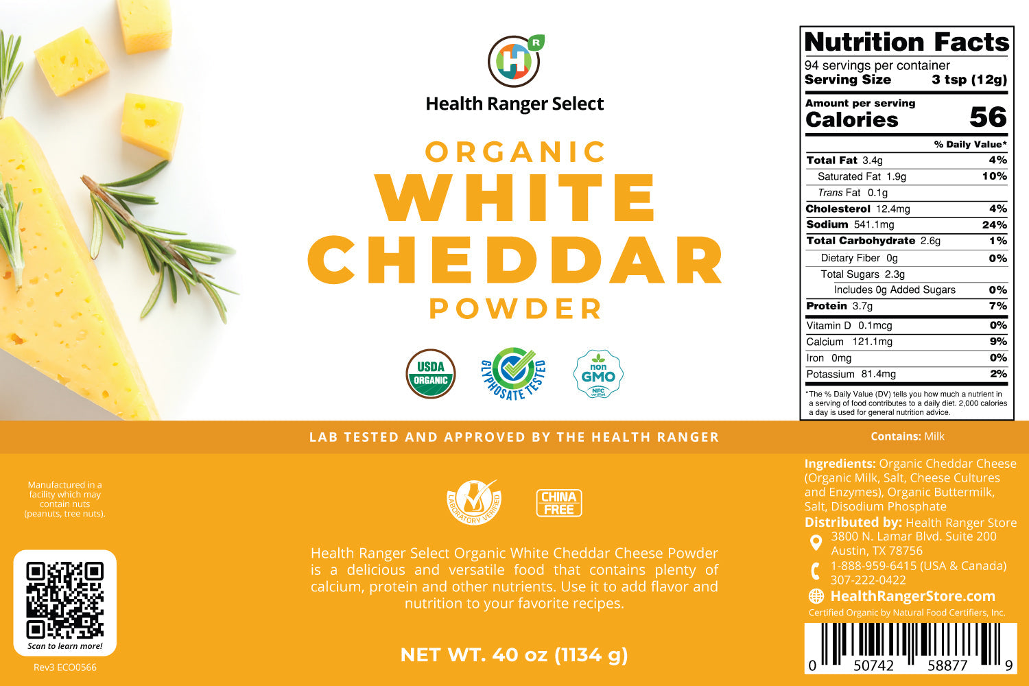 Organic White Cheddar Cheese Powder (40 oz, 1134g) #10 Can (2-Pack)