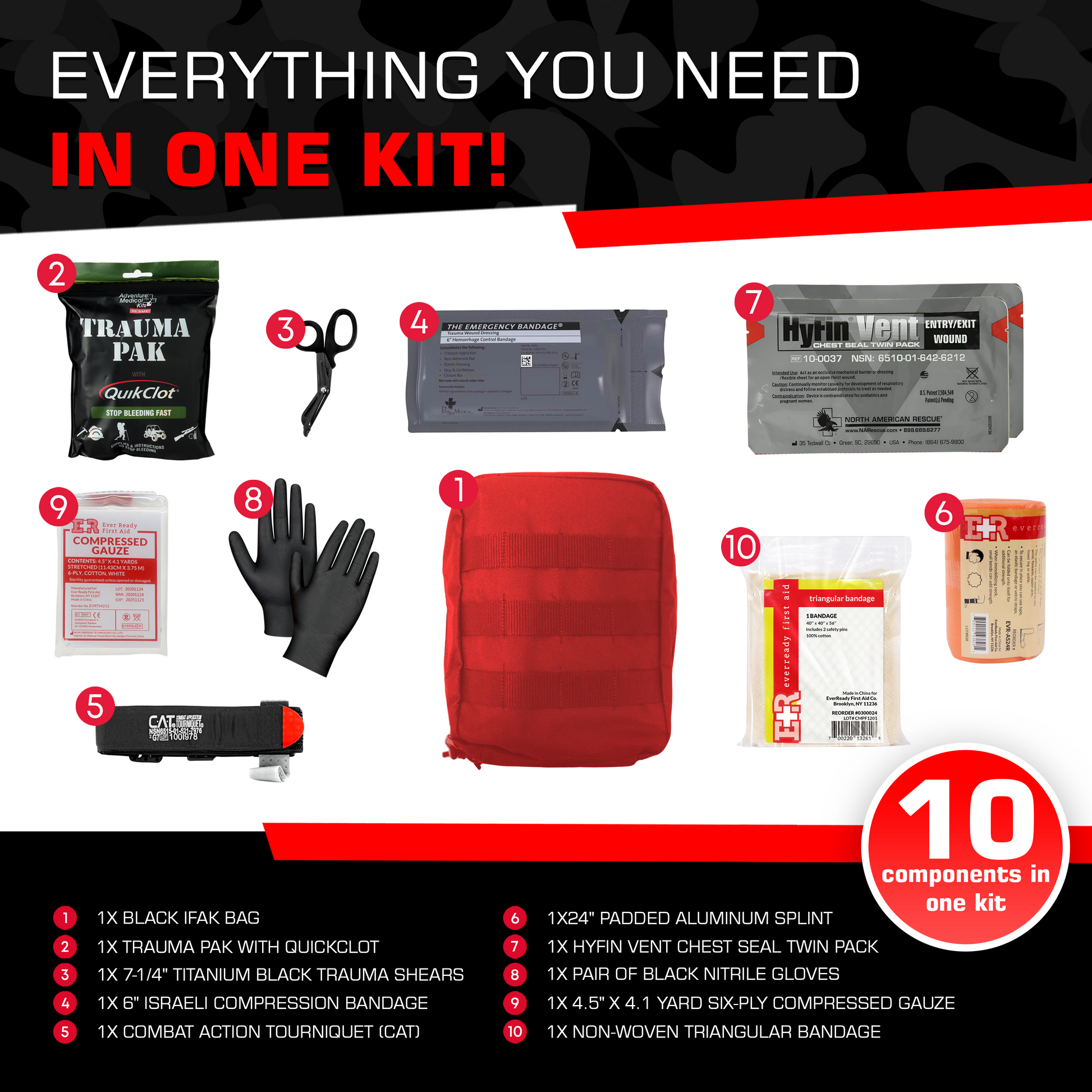 Premium IFAK Kit - Trauma Pak, CAT Tourniquet, Hyfin Chest Seal