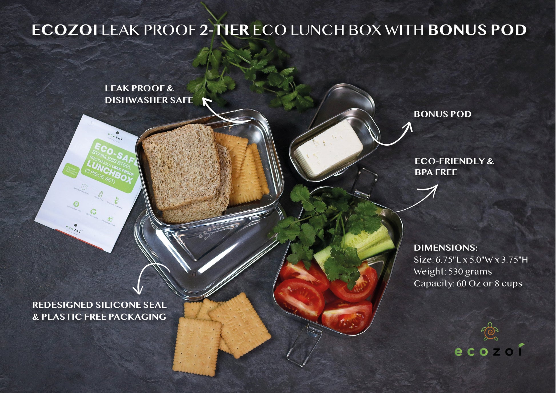 Stainless Steel Lunch Box, 2 Tier Leak Proof, 60 Oz