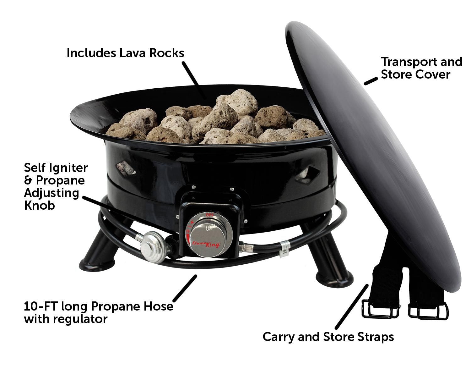 Flame King Outdoor Portable Propane Gas 24" Fire Pit Bowl with Self Igniter Cover Carry Straps