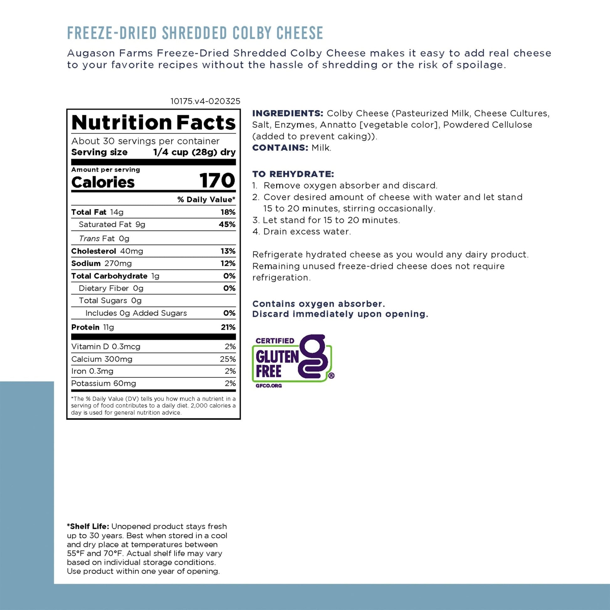 Freeze Dried Shredded Colby Cheese Can, 30 Servings