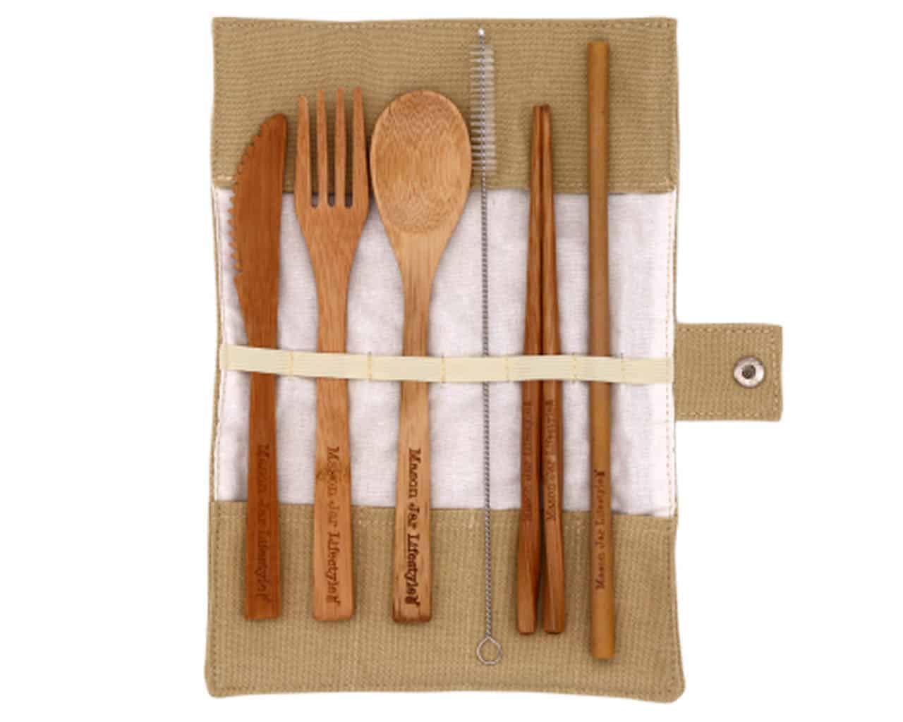 Travel Bamboo Utensil Set With Cotton Roll-Up Carrying Case