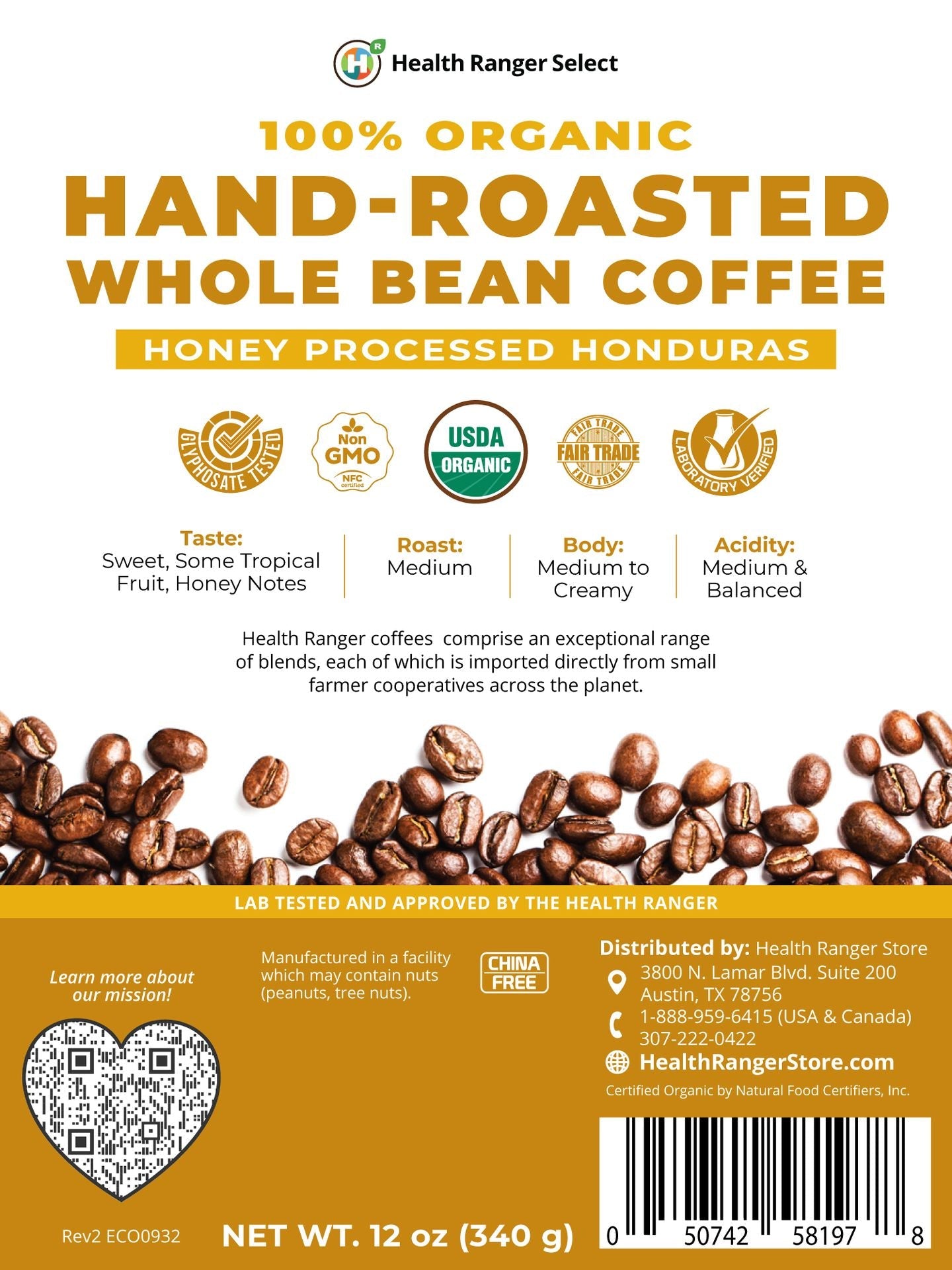 100% Organic Hand-Roasted Whole Bean Coffee (Honey Processed Honduras) 12oz, 340g
