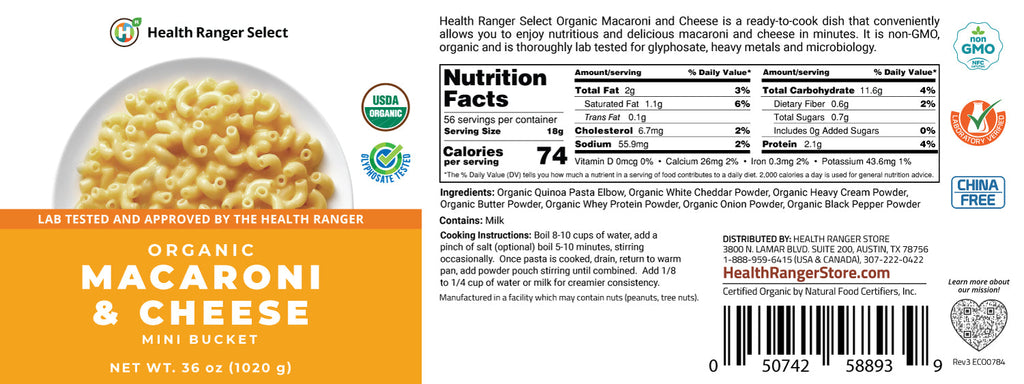The Health Ranger's Organic Wheat-Free Macaroni & Cheese with NO Added Salt (Mini-Bucket) 36 oz (1020 g)