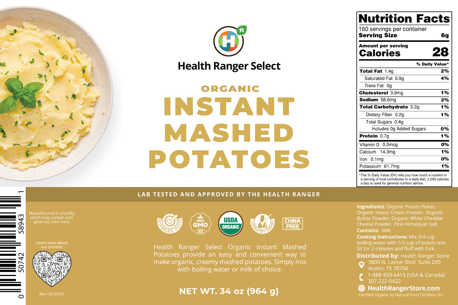 Organic Creamy, Buttery and Cheesy Mashed Potatoes 34 oz (964g) #10 Can (2-Pack)