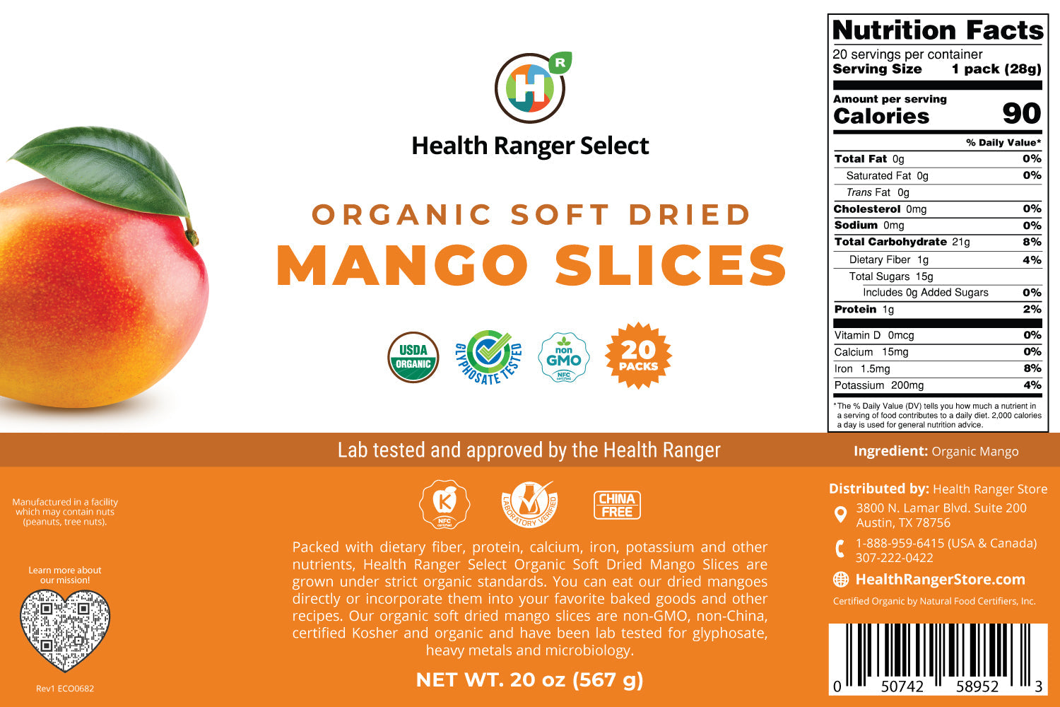 Organic Dried Mango (20 oz, 560 g) #10 Can (2-Pack, 40 pouches)
