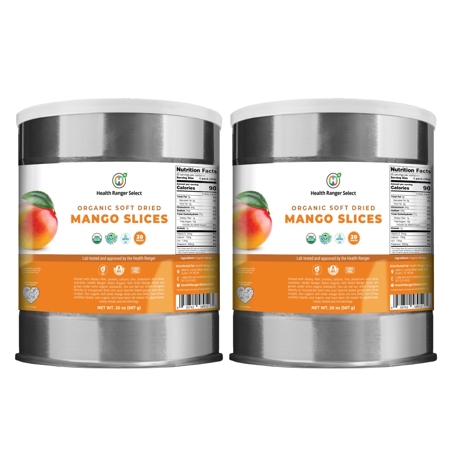 Organic Dried Mango (20 oz, 560 g) #10 Can (2-Pack, 40 pouches)