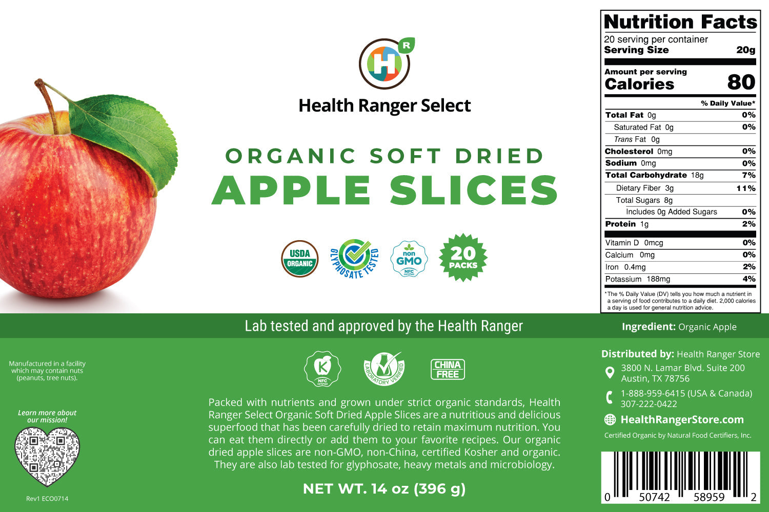 Organic Soft Dried Apple Slices 14 oz (396g) #10 Can (2-Pack; 40 Pouches)