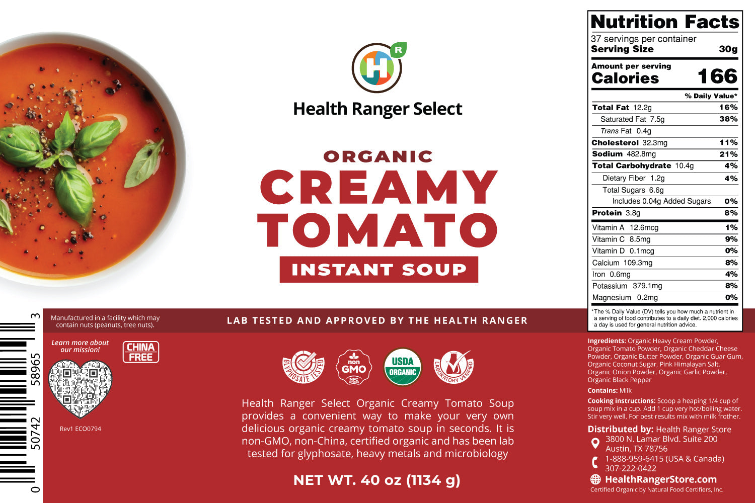 Organic Creamy Tomato Instant Soup 40 oz (1134g) #10 Can (2-Pack)