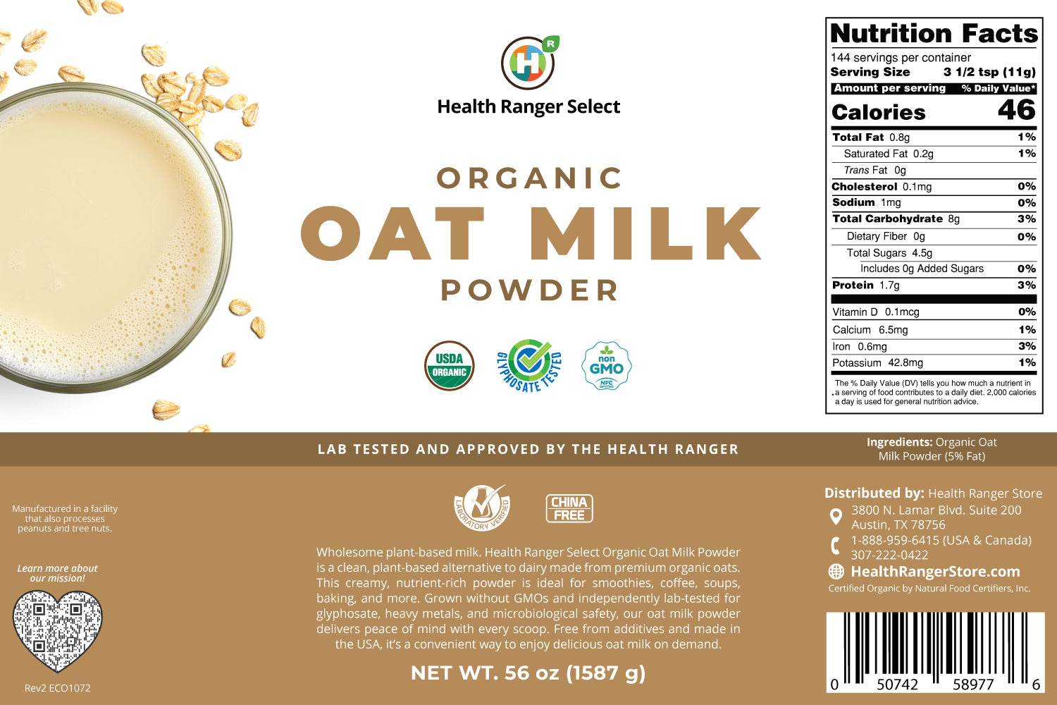 Organic Oat Milk Powder 56 oz (#10 can, 1587 g) (2-Pack)