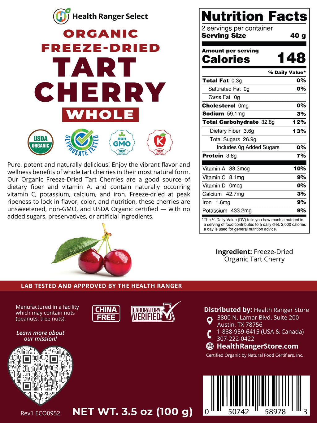 Organic Freeze-Dried Tart Cherry Whole 3.5 oz (100g)