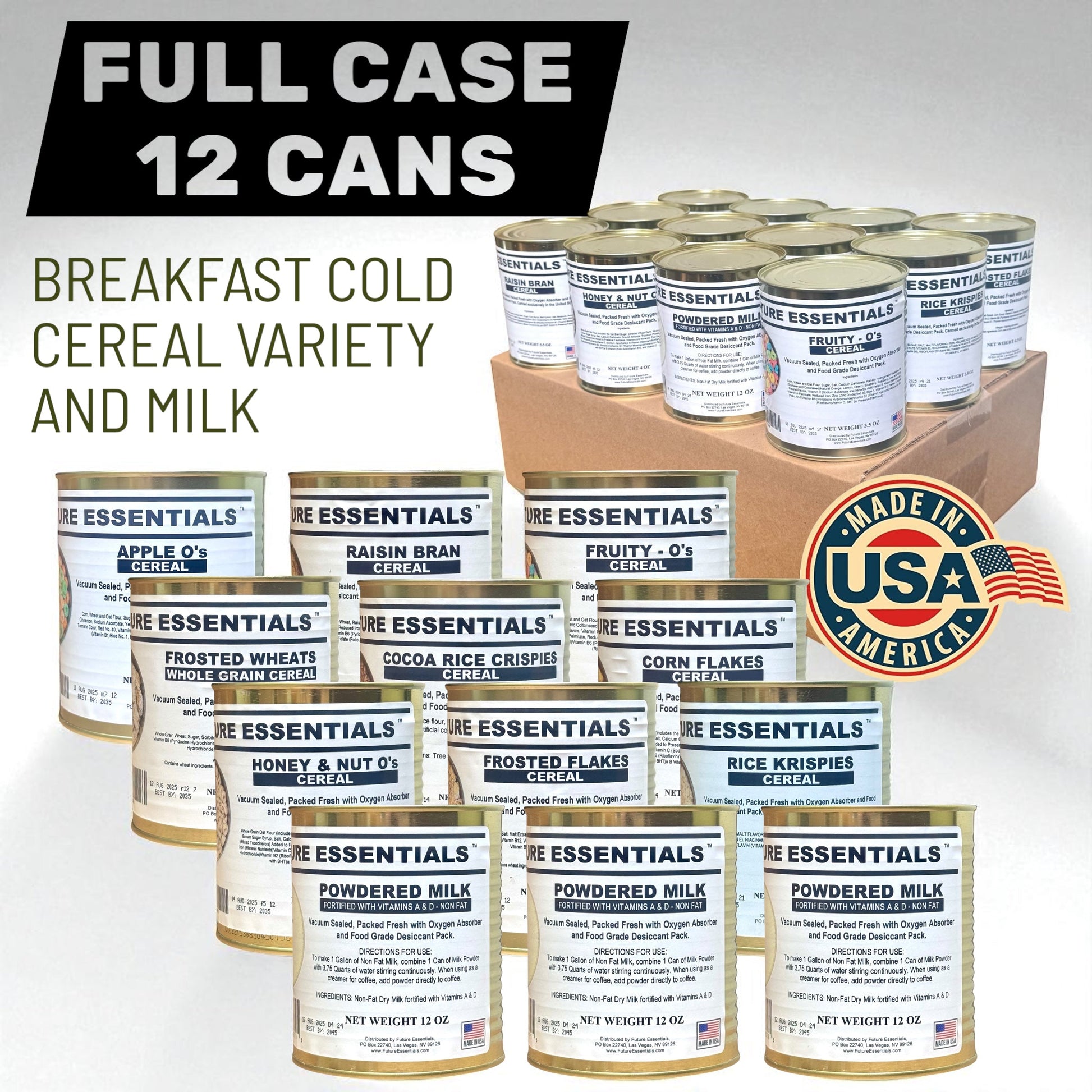 Case (12 Cans) of Future Essentials Canned Breakfast Cold Cereal Variety and Milk