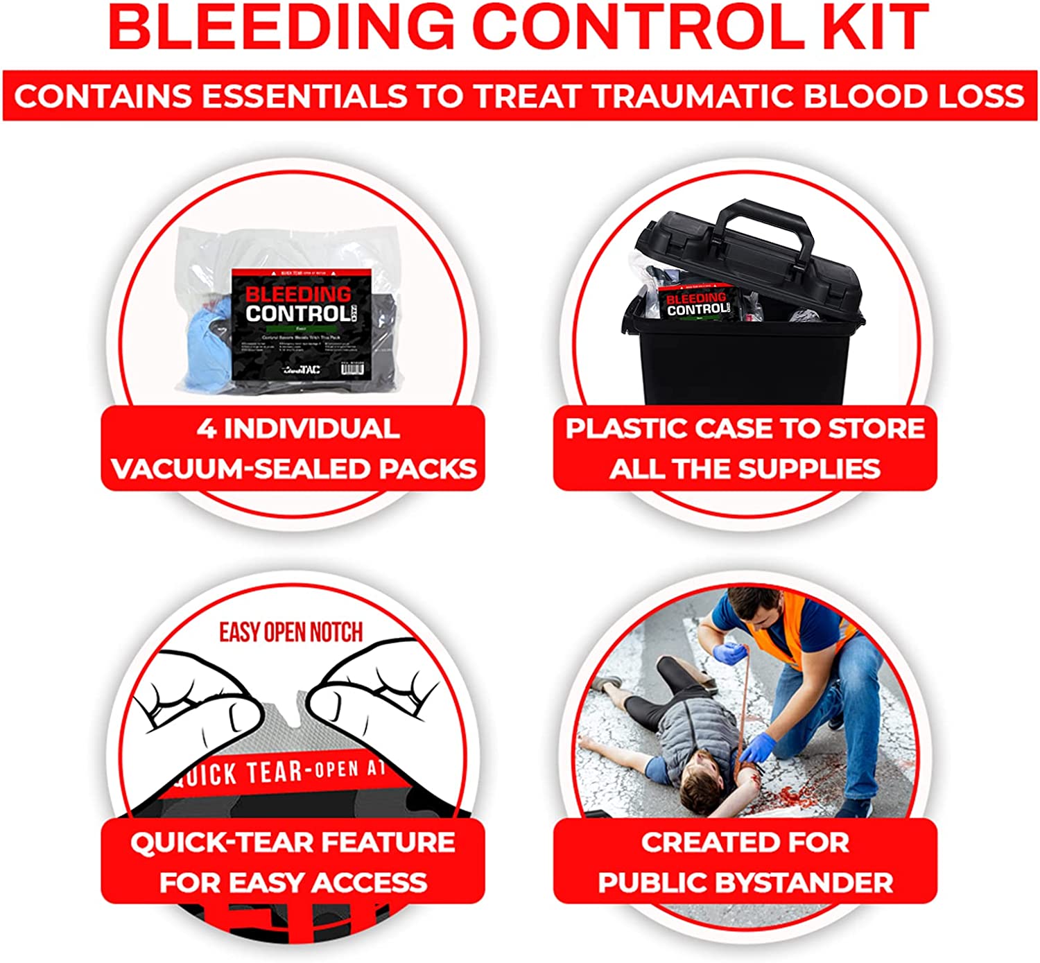 Bleeding Control Kit - 4 Vacuum Sealed Kits in Plastic Case