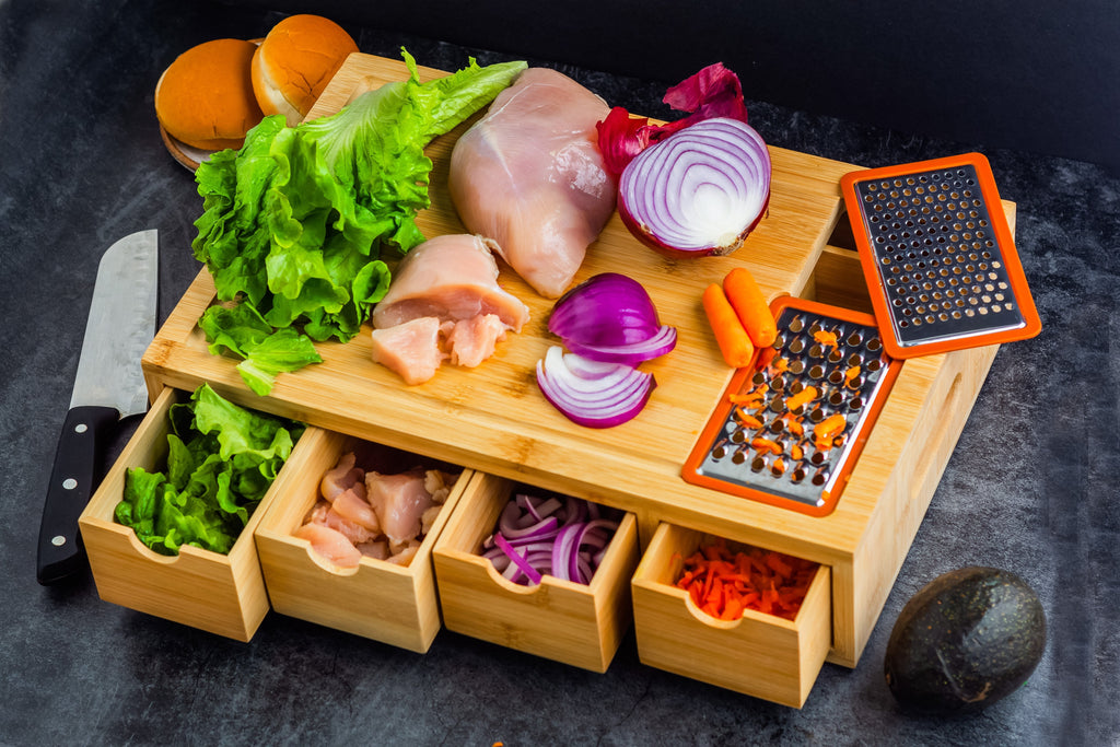 Bamboo Cutting Board with 4 Organizing Trays and 2 Graters