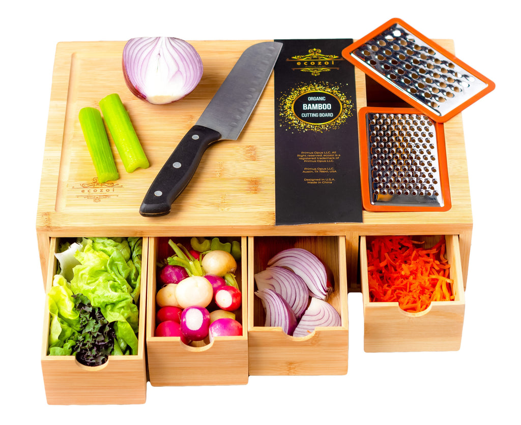 Bamboo Cutting Board with 4 Organizing Trays and 2 Graters