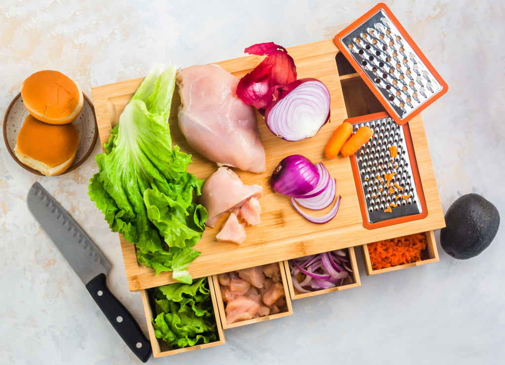 Bamboo Cutting Board with 4 Organizing Trays and 2 Graters