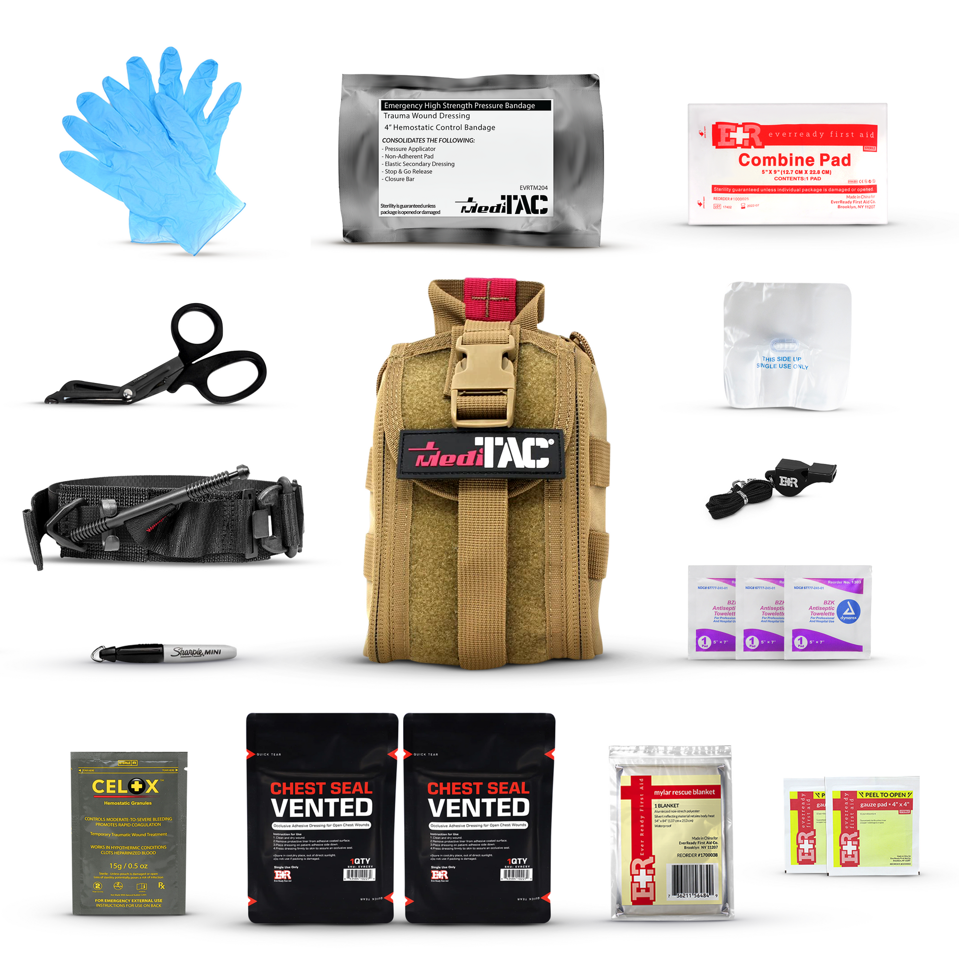 Premium Tactical IFAK Kit w Rip-Away Velcro, SOF Tourniquet & CELOX