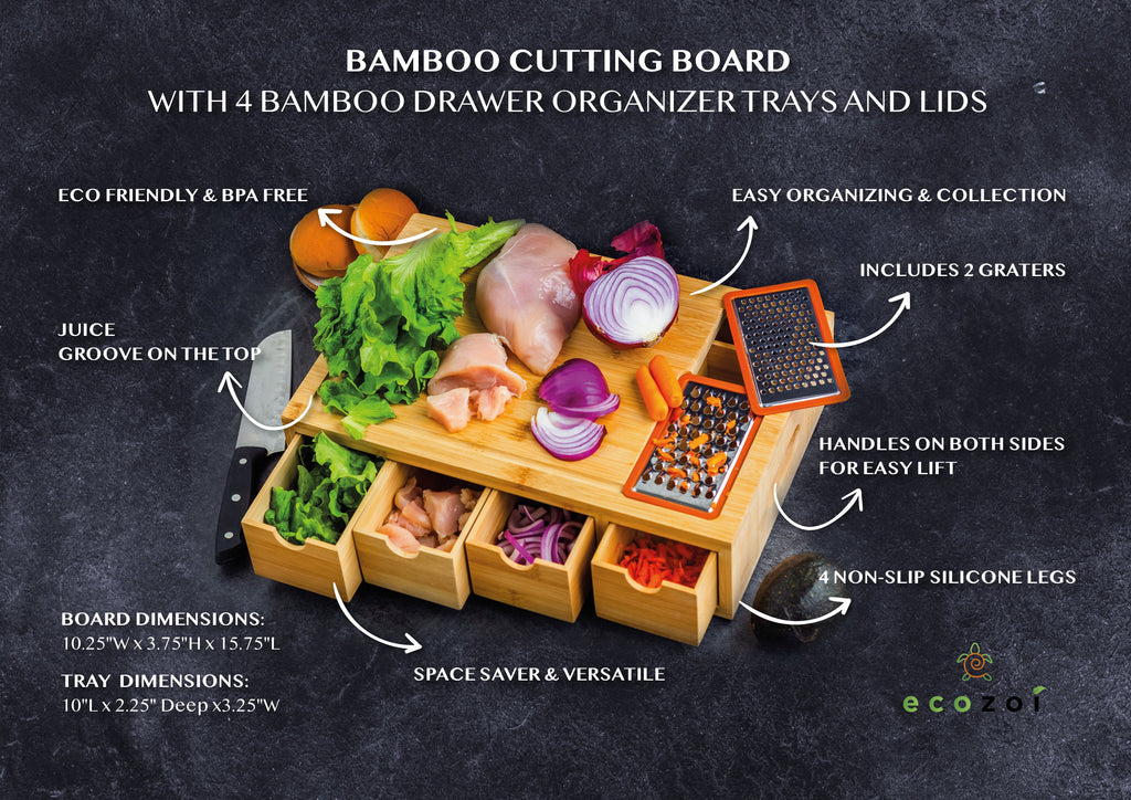 Bamboo Cutting Board with 4 Organizing Trays and 2 Graters
