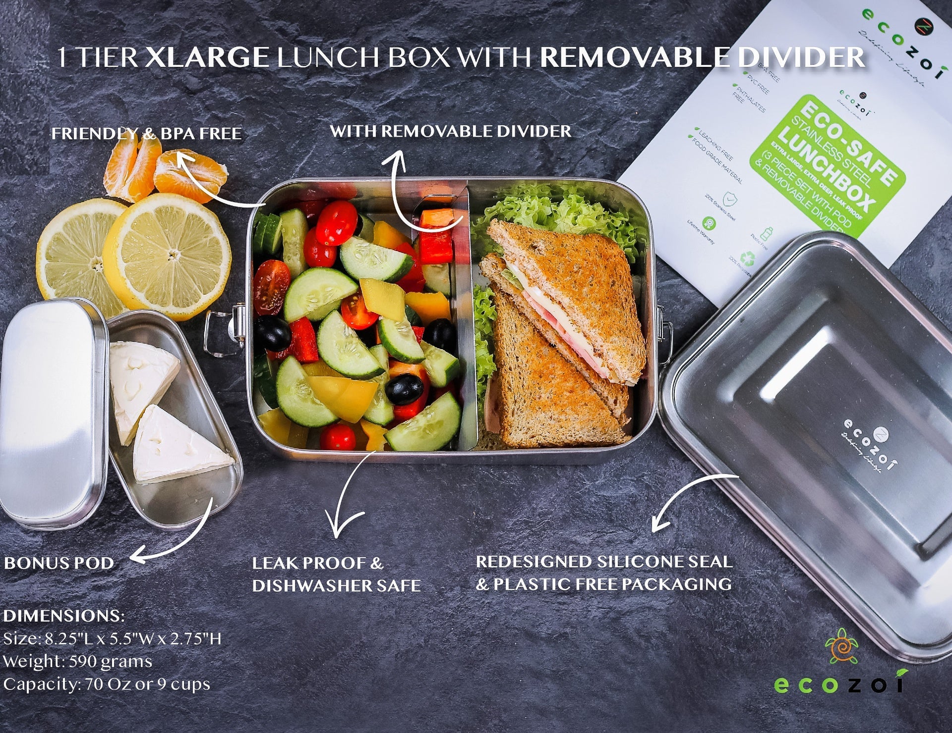 Stainless Steel Lunch Box, 2 Compartment Leak Proof, 50 Oz with Removable Divider