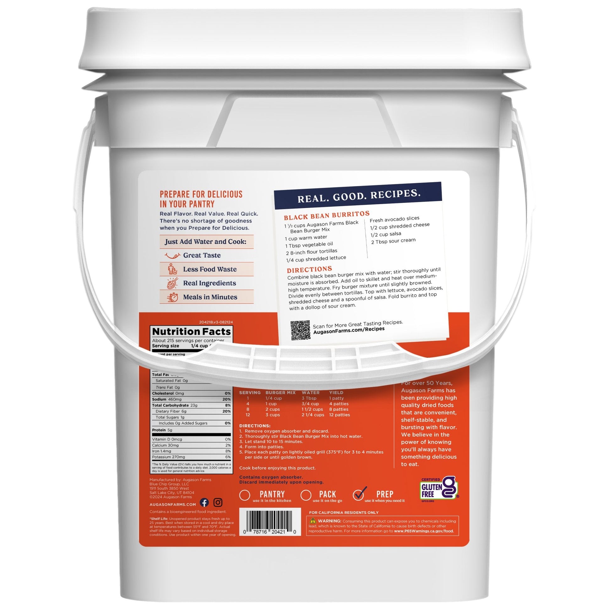 Gluten Free Black Bean Burger Mix 4 Gallon Pail, 215 Servings