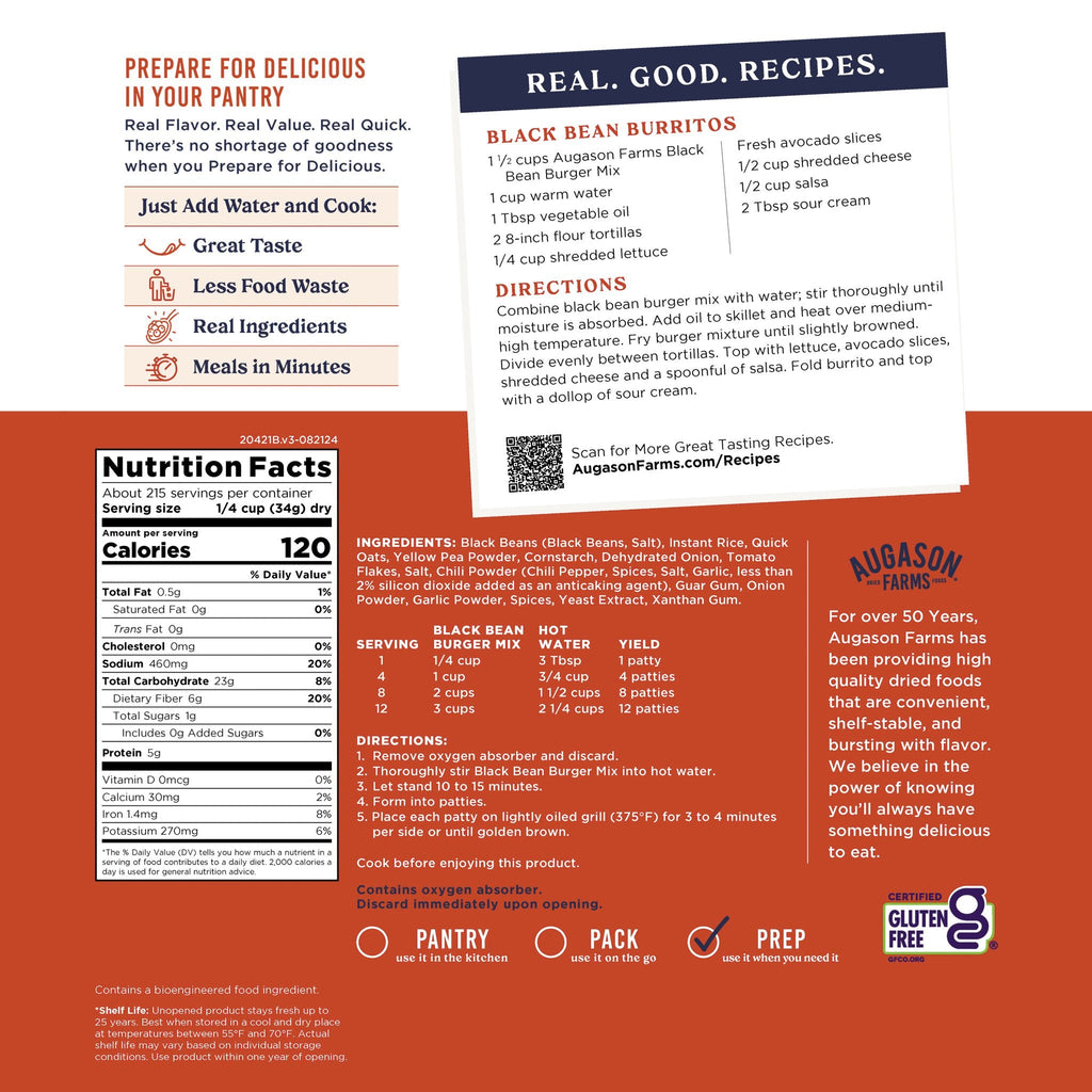 Gluten Free Black Bean Burger Mix 4 Gallon Pail, 215 Servings