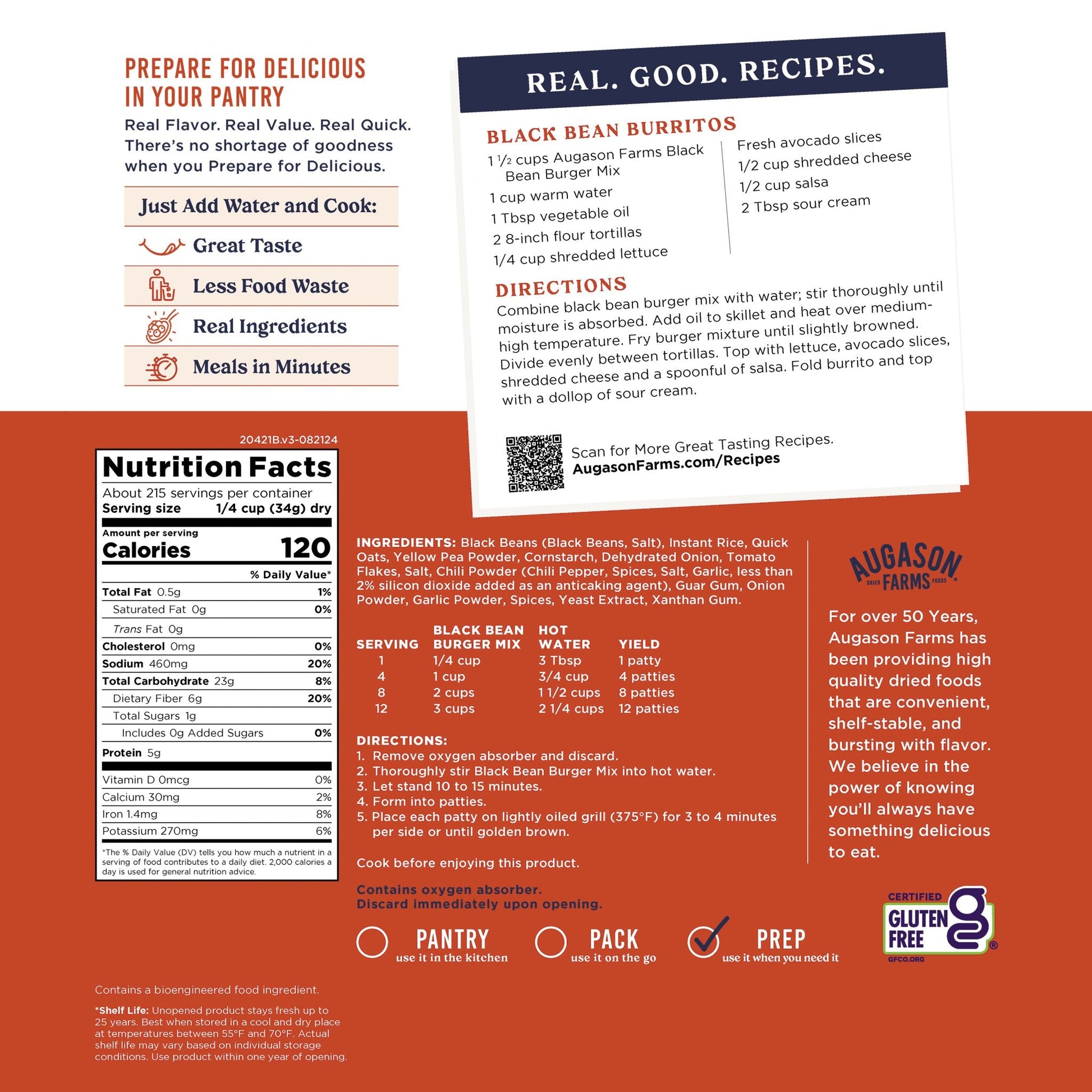 Gluten Free Black Bean Burger Mix 4 Gallon Pail, 215 Servings