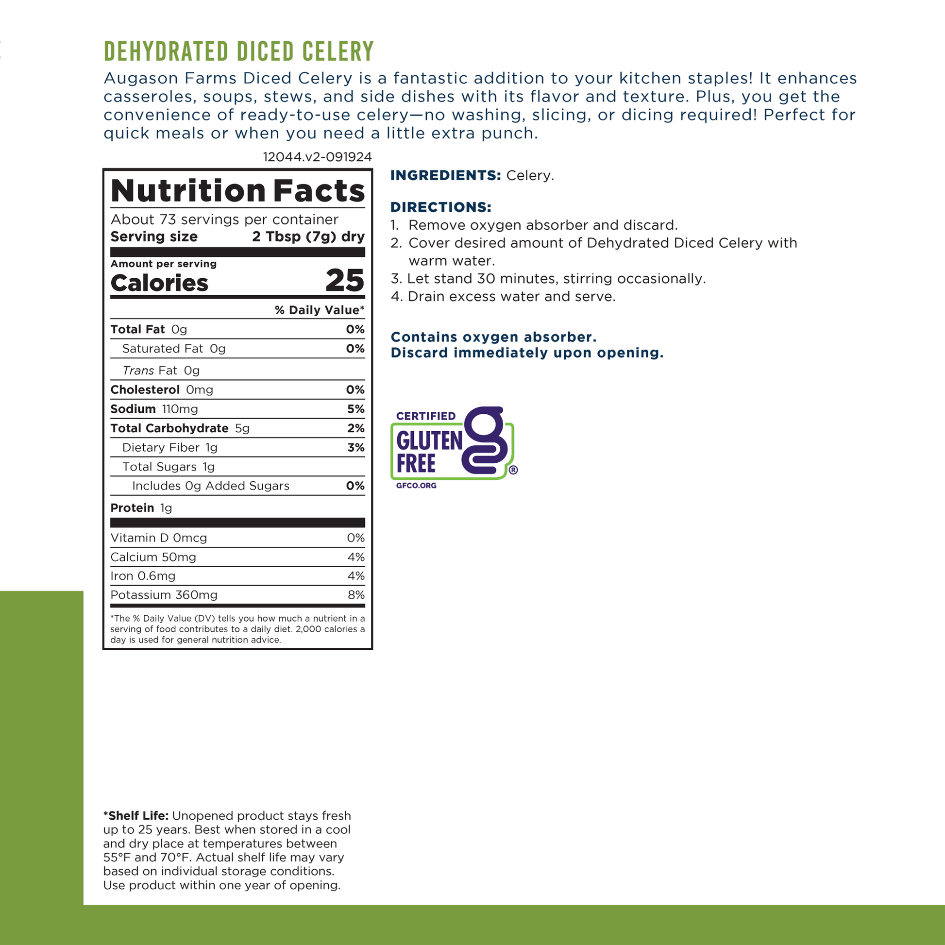 Dehydrated Cross Cut Celery Can, 73 Servings