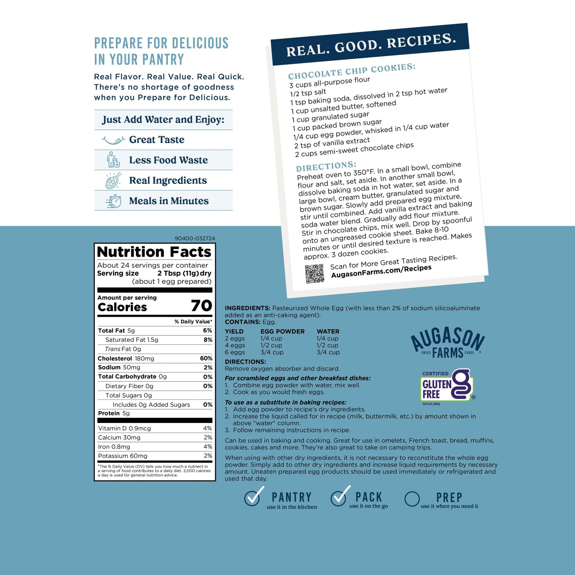 Pasteurized Dried Whole Egg Powder Pouch, 24 Servings