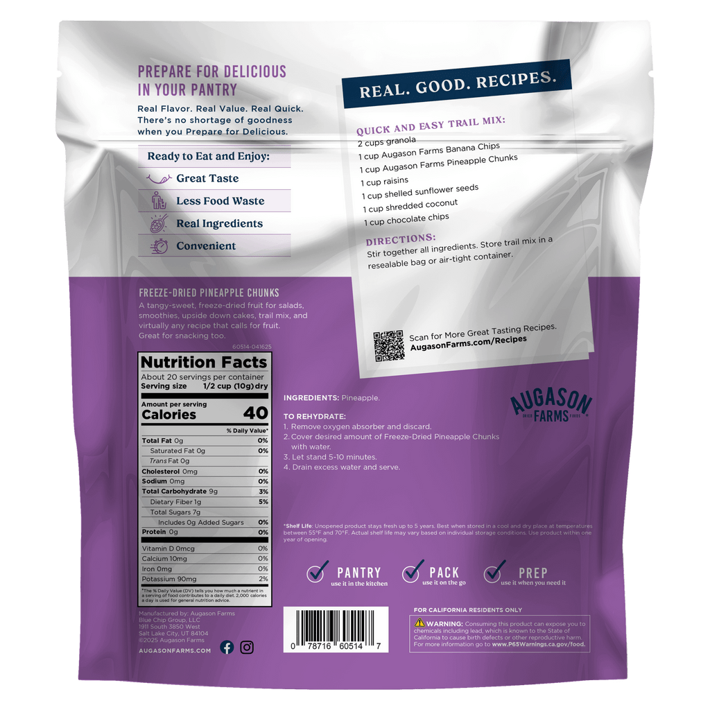 Freeze Dried Pineapple Chunks Family Size Pouch, 20 Servings