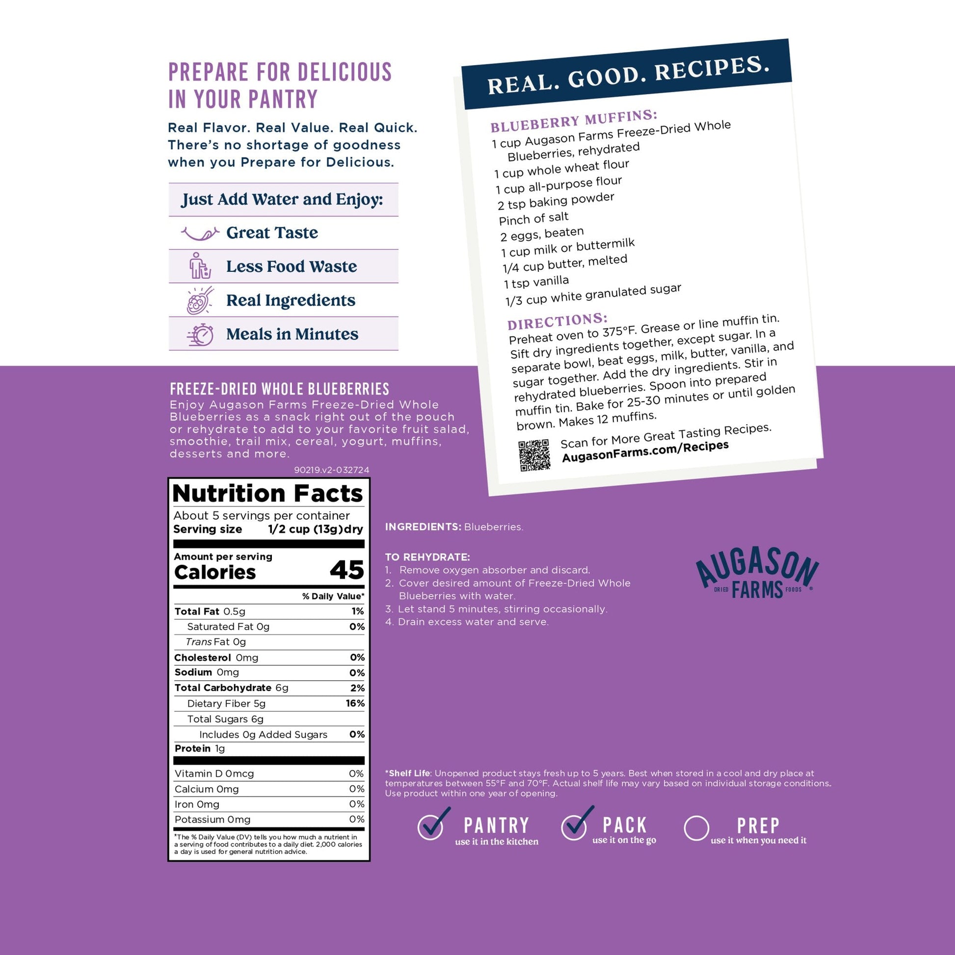 Freeze Dried Whole Blueberries Pouch, 5 Servings