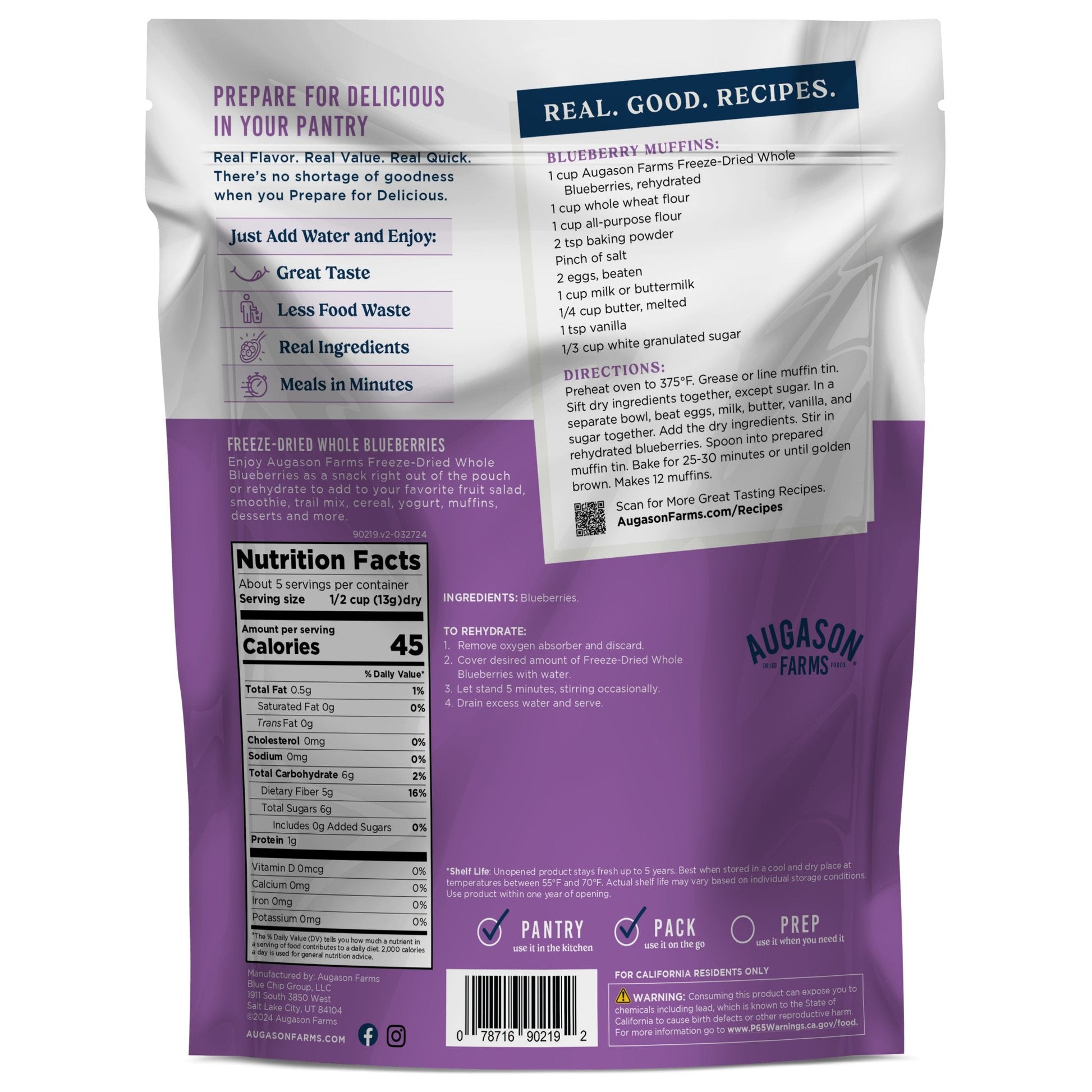 Freeze Dried Whole Blueberries Pouch, 5 Servings