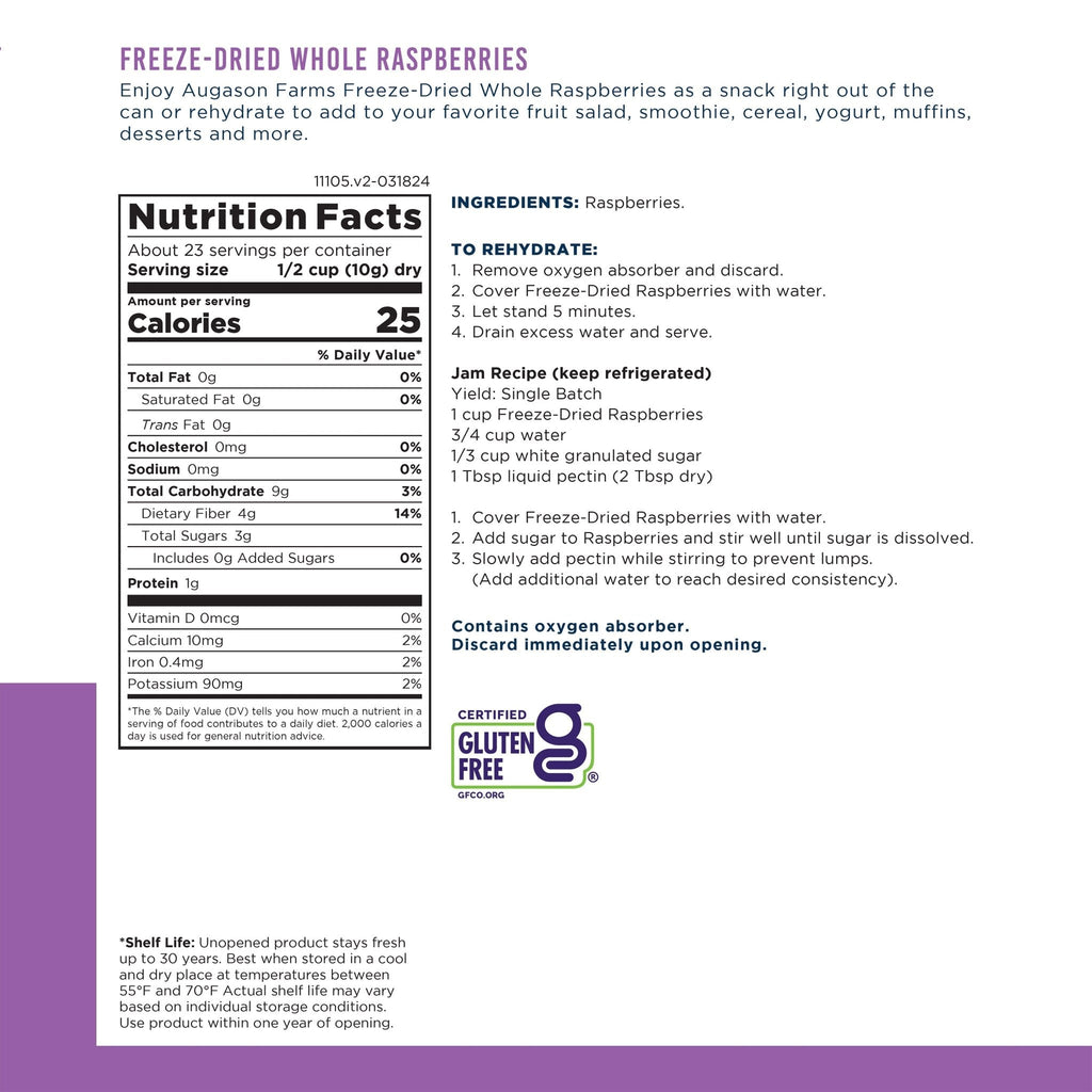 Freeze Dried Whole Raspberries Can, 23 Servings