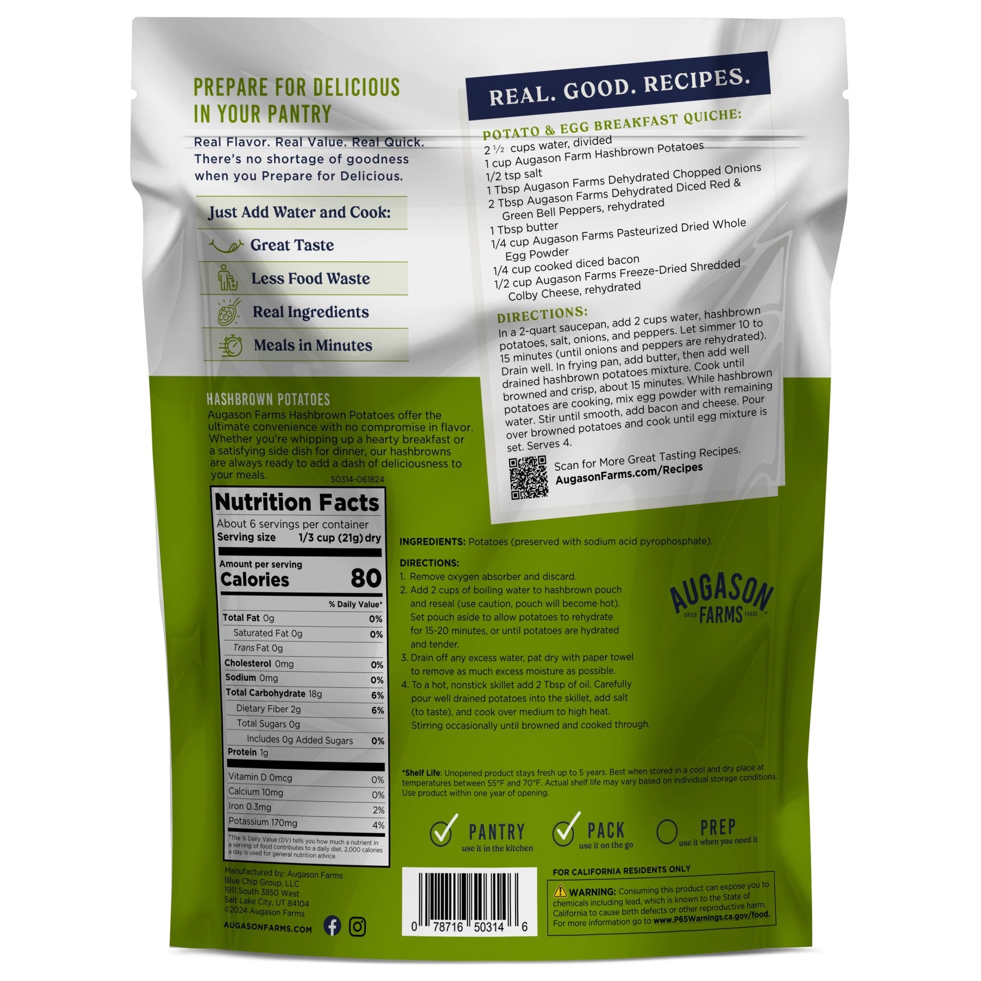 Hashbrown Potatoes Pouch, 6 Servings