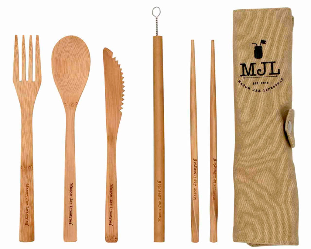 Travel Bamboo Utensil Set With Cotton Roll-Up Carrying Case